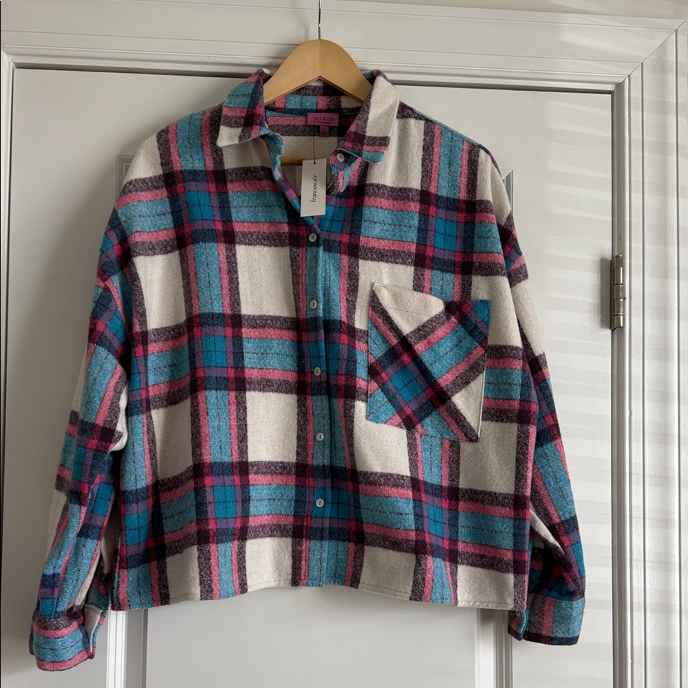 Miami for Francesca’s Plaid Button Down Shirt - Blue and Pink - Picture 1 of 2